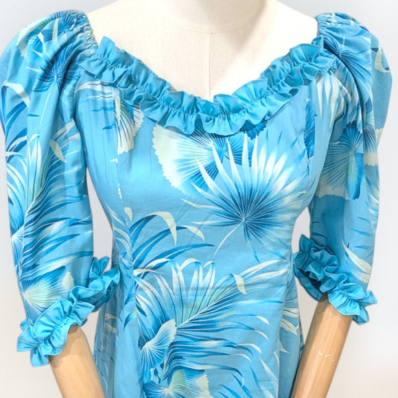 Aqua Blue Hawaiian Puff Sleeve Long Dress