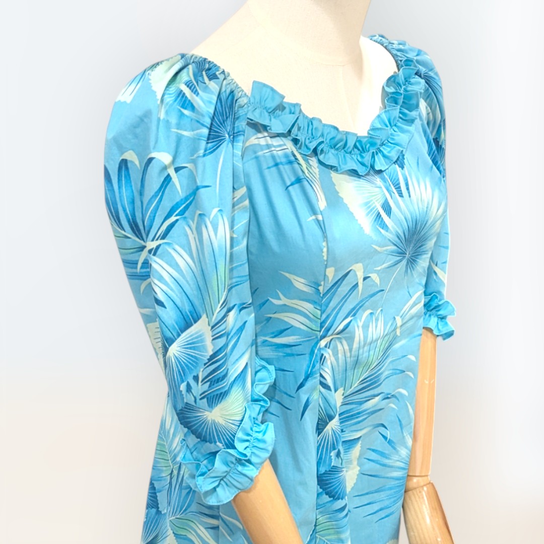 hawaiian long dresses with sleeves loose dress of hawaiian origin Teal Green Long Flare Hawaiian Dress