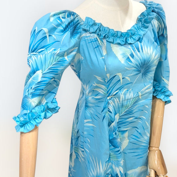 Aqua Blue Hawaiian Puff Sleeve Long Dress