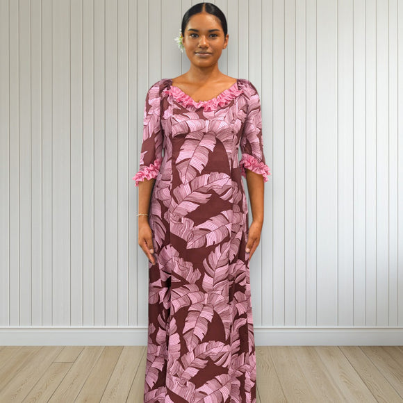 Banana Leaf Hawaiian Dress Maroon Pink