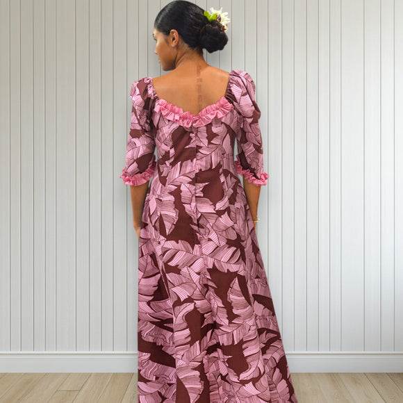 Banana Leaf Hawaiian Dress Maroon Pink