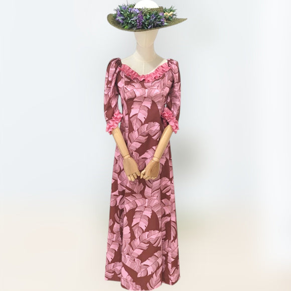 Banana Leaf Hawaiian Dress Maroon Pink