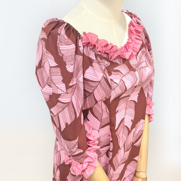Banana Leaf Hawaiian Dress Maroon Pink