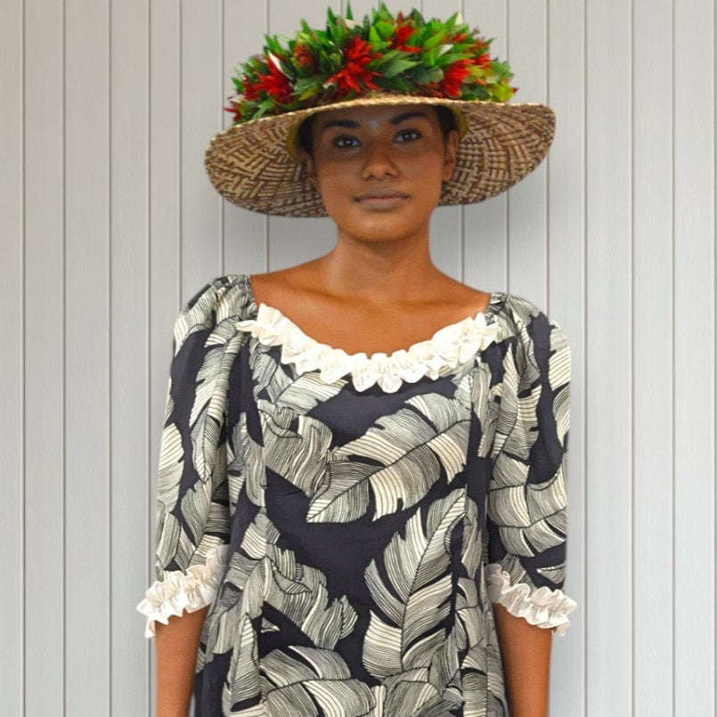 Banana Leaf Ruffle Muumuu Black & White 12 Banana Leaf Ruffle Muumuu Black & White 12