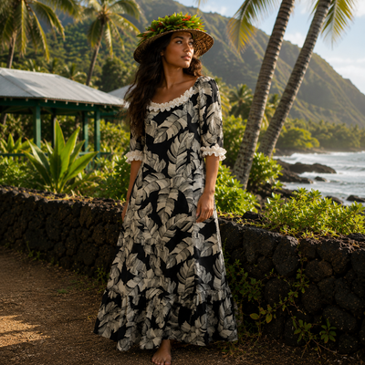 Banana Leaf Ruffle Hawaiian Muumuu Dress – Black & White – 286L