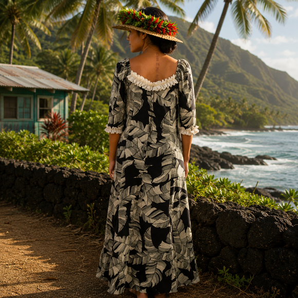 Banana Leaf Ruffle Hawaiian Muumuu Dress – Black & White – 286L