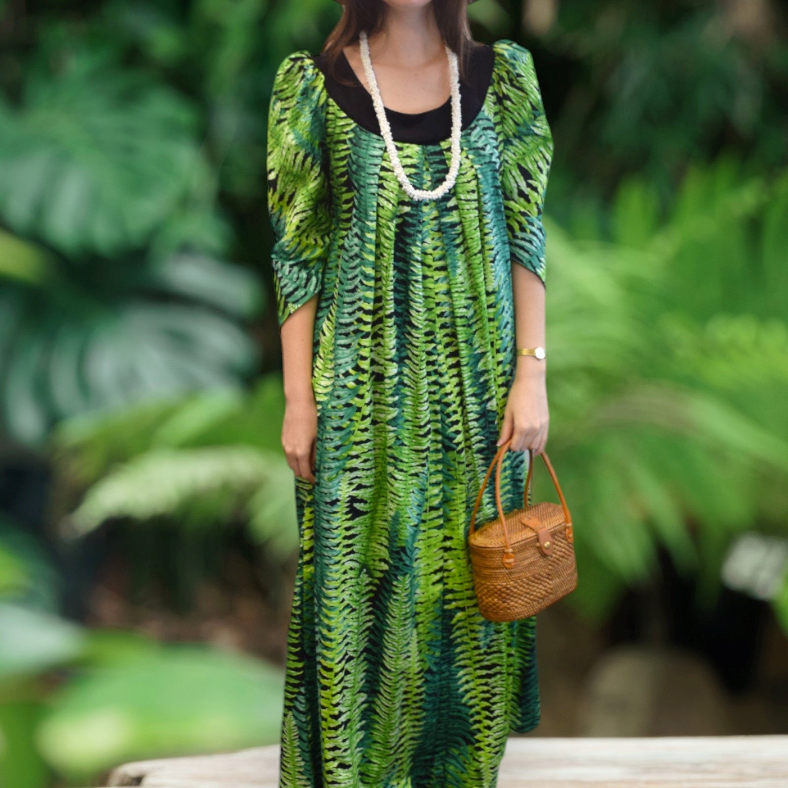 Beautiful Green Ferns Velvet Collar Muumuu Dress  2081