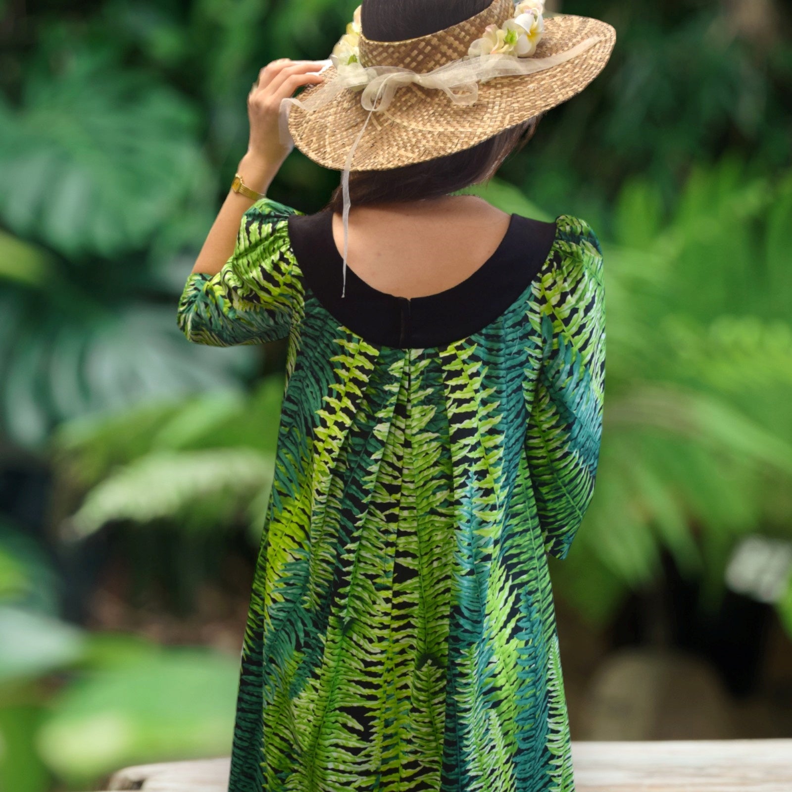 Beautiful Green Ferns Velvet Collar Muumuu Dress  2081