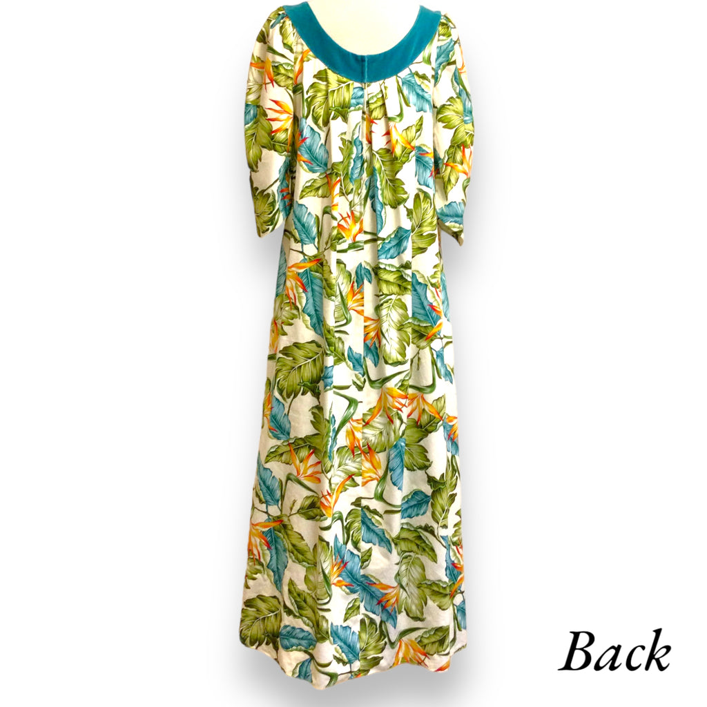 Green Velvet Collar Birds Paradise & Hawaiian Leaf Muumuu Dress 2081 / MR144 14 Green Velvet Collar Birds Paradise & Hawaiian Leaf Muumuu Dress 2081 / MR144 14