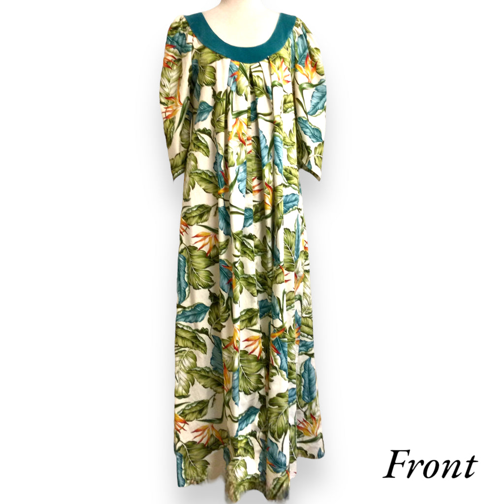 Green Velvet Collar Birds Paradise & Hawaiian Leaf Muumuu Dress 2081