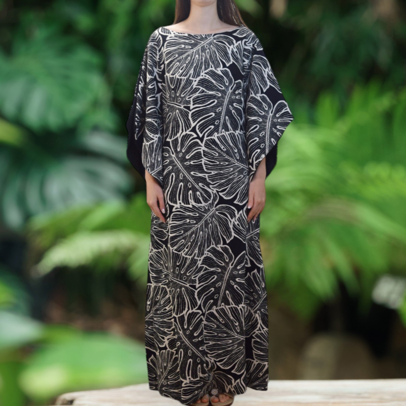 Black-Kimono-Sleeve-Hawaiian-Dress-With-Slit-Design-Monstera