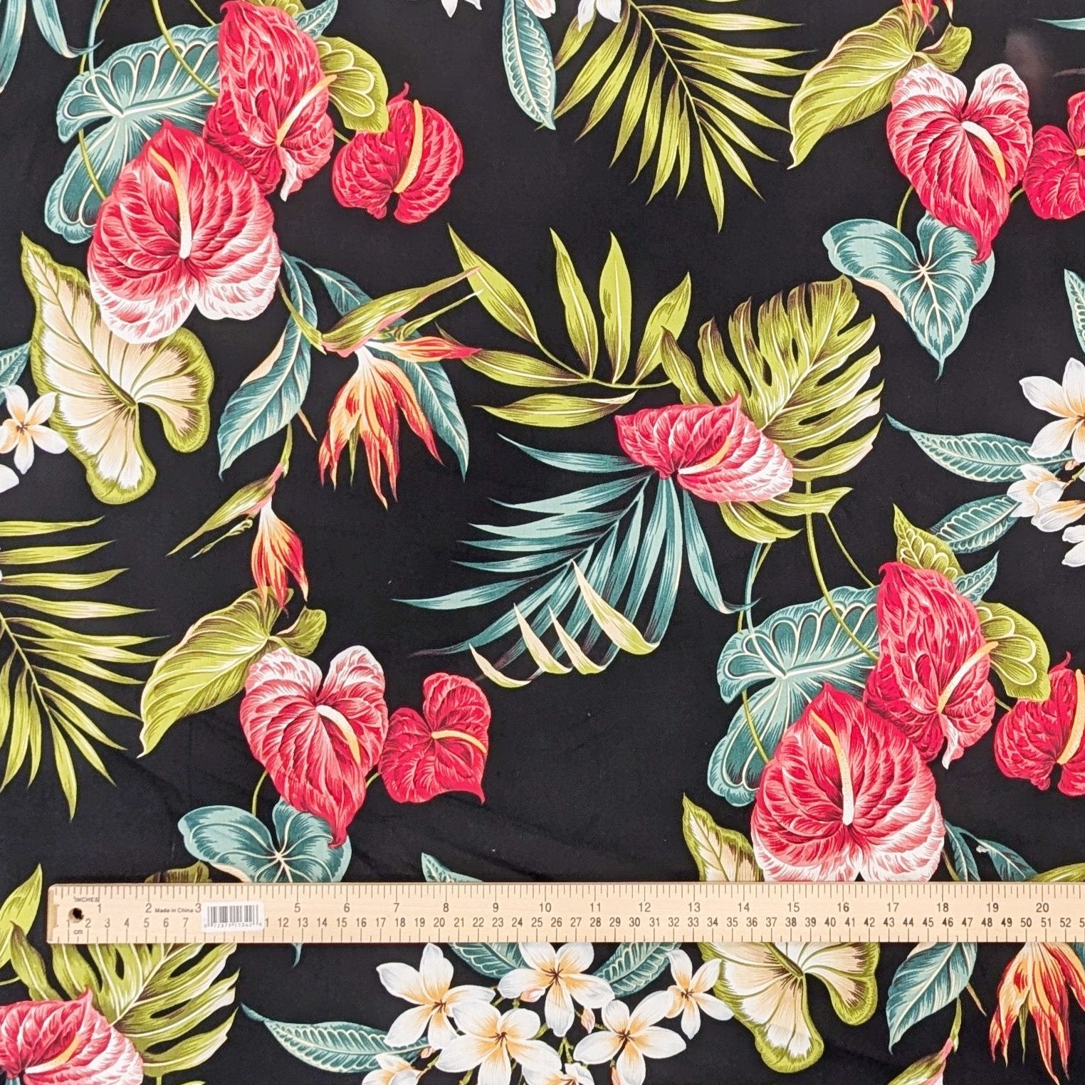 BlackHawaiianFabricwithAnthuriumandHibiscus