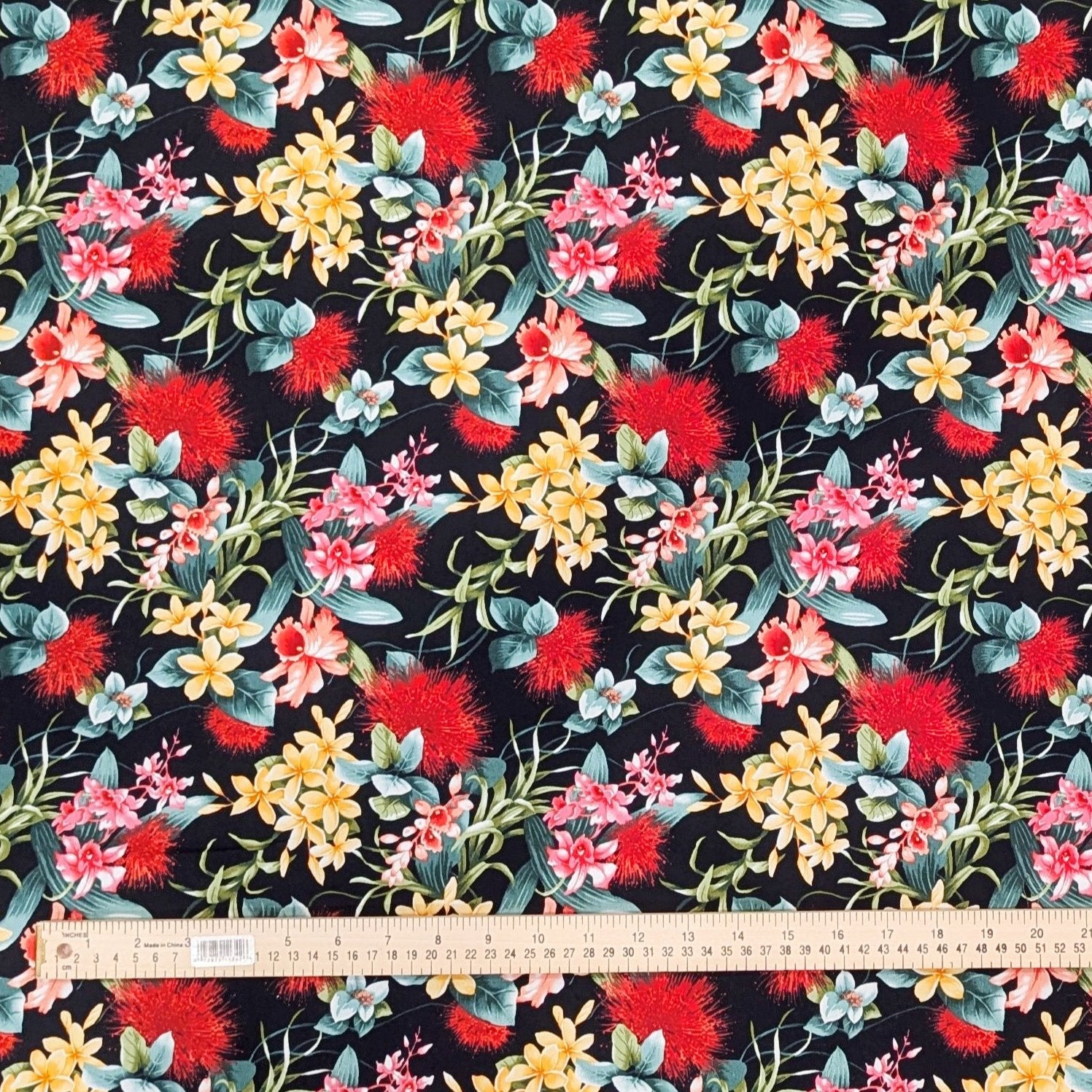 BlackHawaiianFabricwithColorfulOhiaLehuaandPlumeria