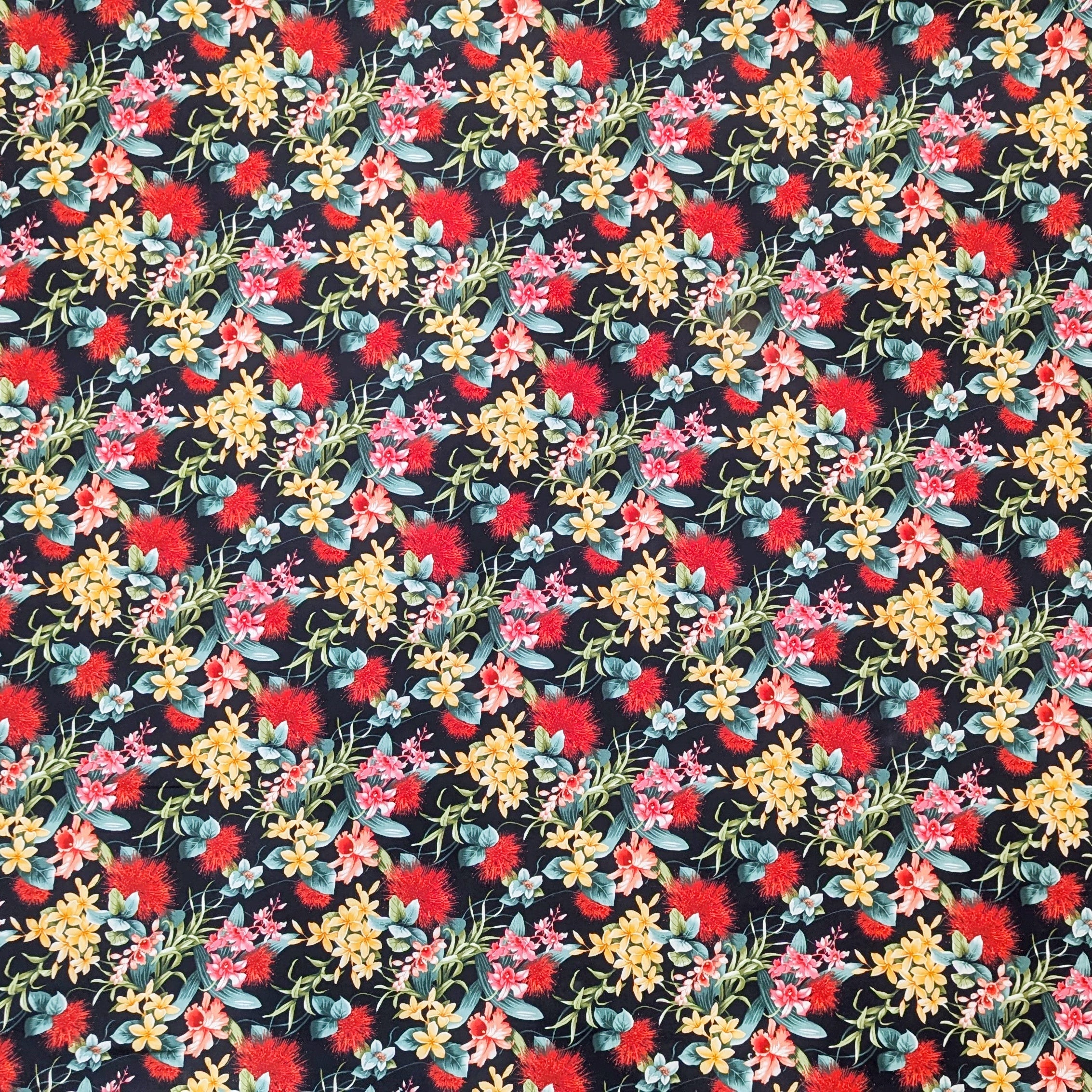 BlackHawaiianFabricwithColorfulOhiaLehuaandPlumeria