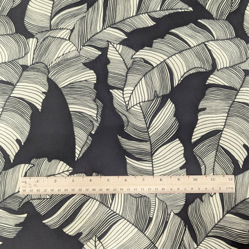 Black Banana Leaf Hawaiian Fabric – Classic Tropical Line Print Polycotton - 0