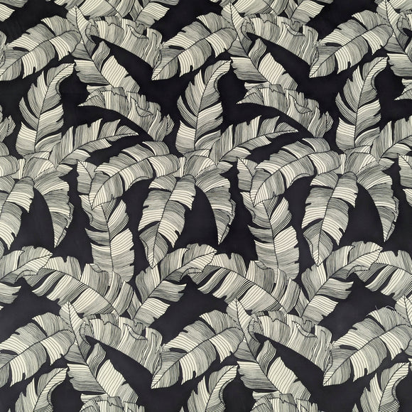 Black Banana Leaf Hawaiian Fabric – Classic Tropical Line Print Polycotton