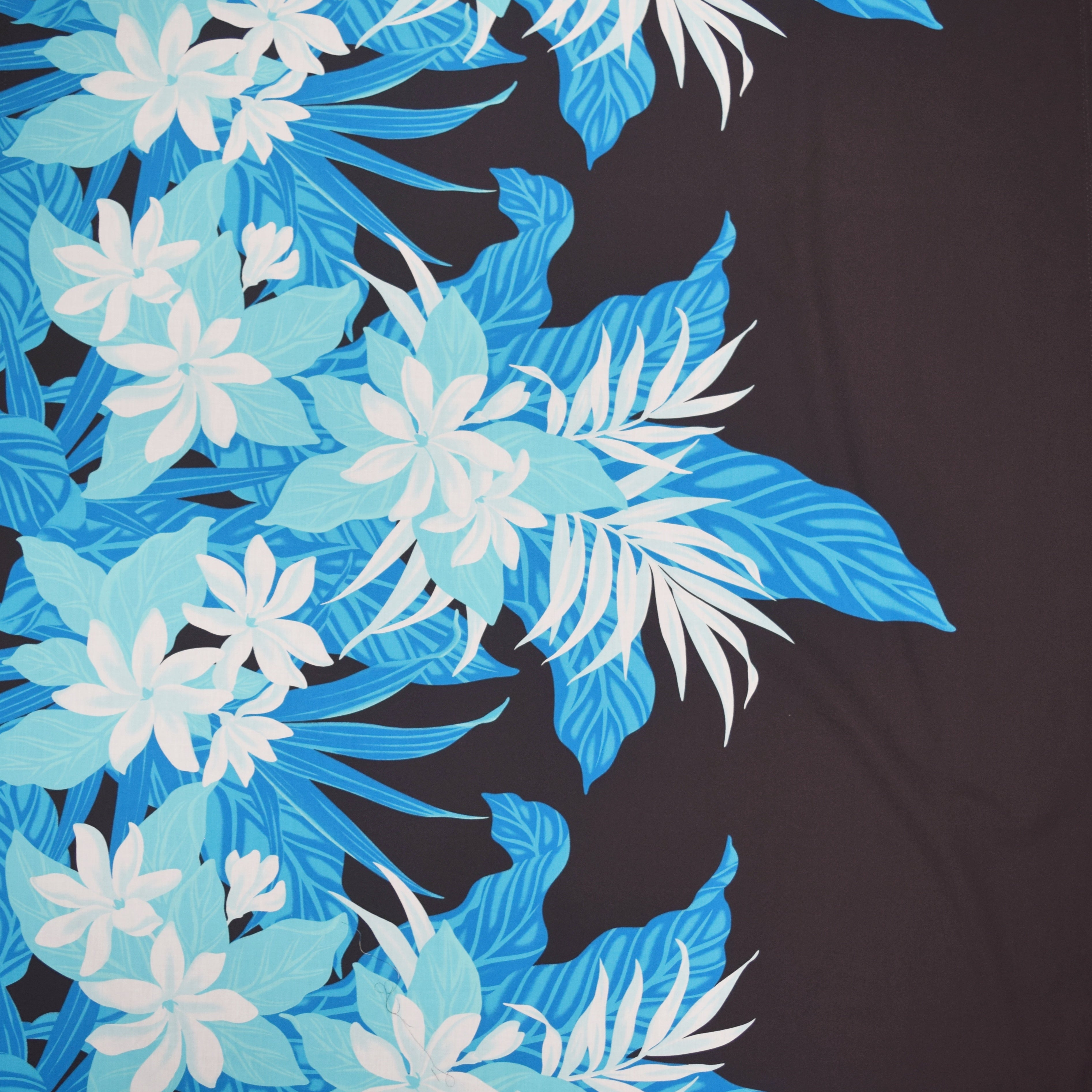 Black Hawaiian Fabric White Blue Plumeria