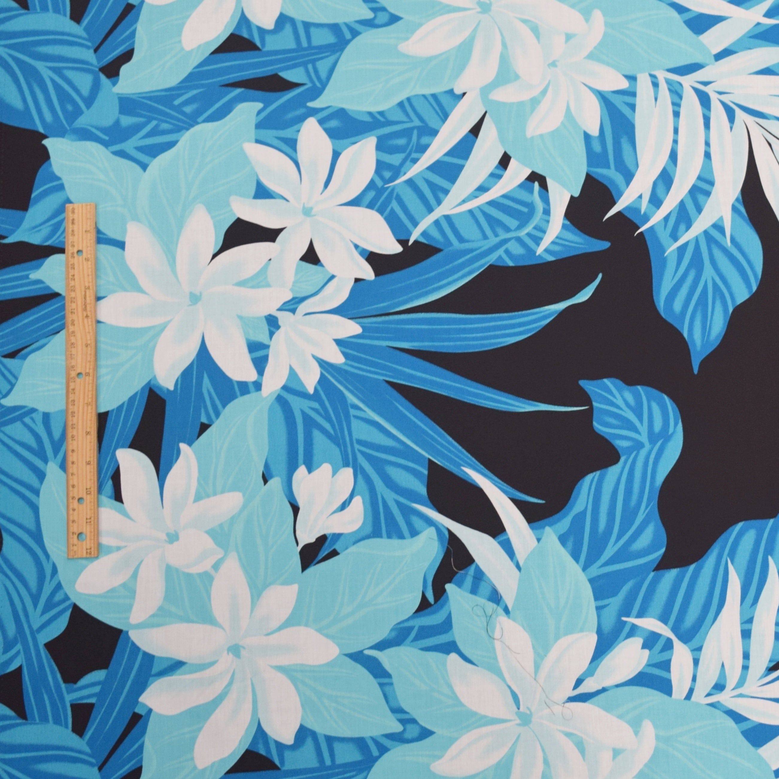 Black Hawaiian Fabric White Blue Plumeria