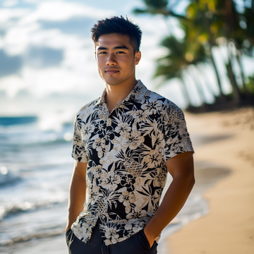 Black Hawaiian Aloha Shirt with Pineapple and Hibiscus Print