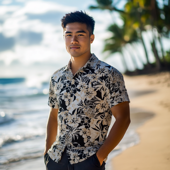 Black Hawaiian Aloha Shirt with Pineapple and Hibiscus Print