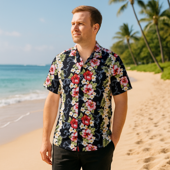 Black Hawaiian Shirt with Red Hibiscus Panel Print