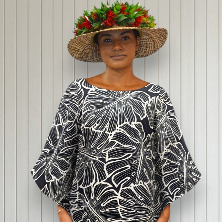 black and white hawaiian dress Vintage 1960s Black & White Floral Hawaiian Tiki Cotton Maxi Dress