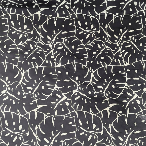 Black Monstera Outline Hawaiian Fabric – Modern Island Print Polycotton