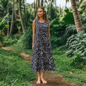 Black Monstera Leaf Sleeveless Long Dress