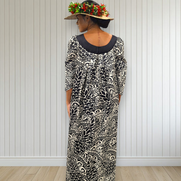 Black Pineapple Tapa Velvet Collar Muumuu Dress