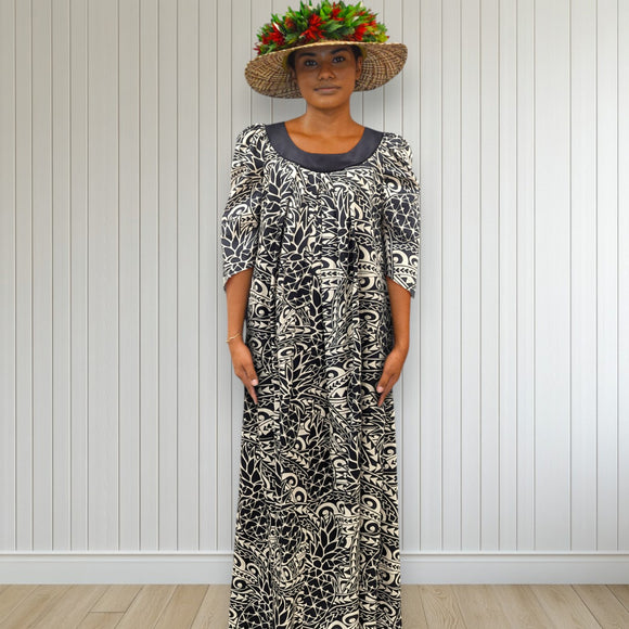 Black Pineapple Tapa Velvet Collar Muumuu Dress