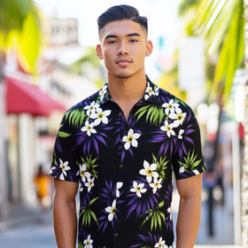 Black Plumeria Print Rayon Aloha Shirt  Black