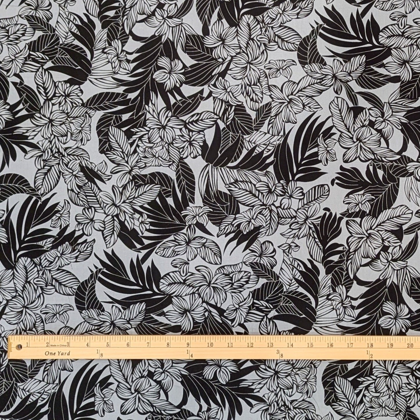 Black and Gray Plumeria Print Hawaiian Fabric