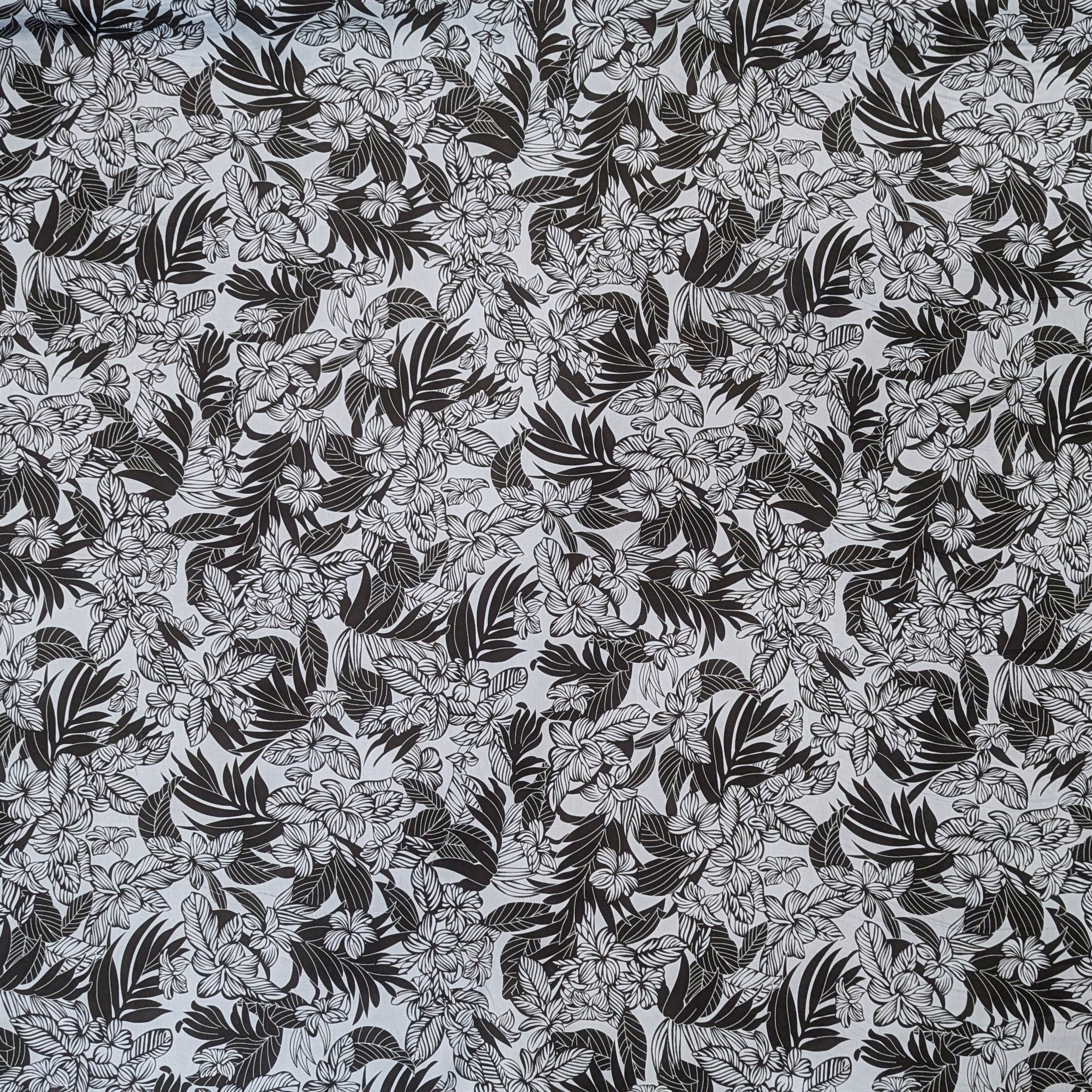 Black and Gray Plumeria Print Hawaiian Fabric