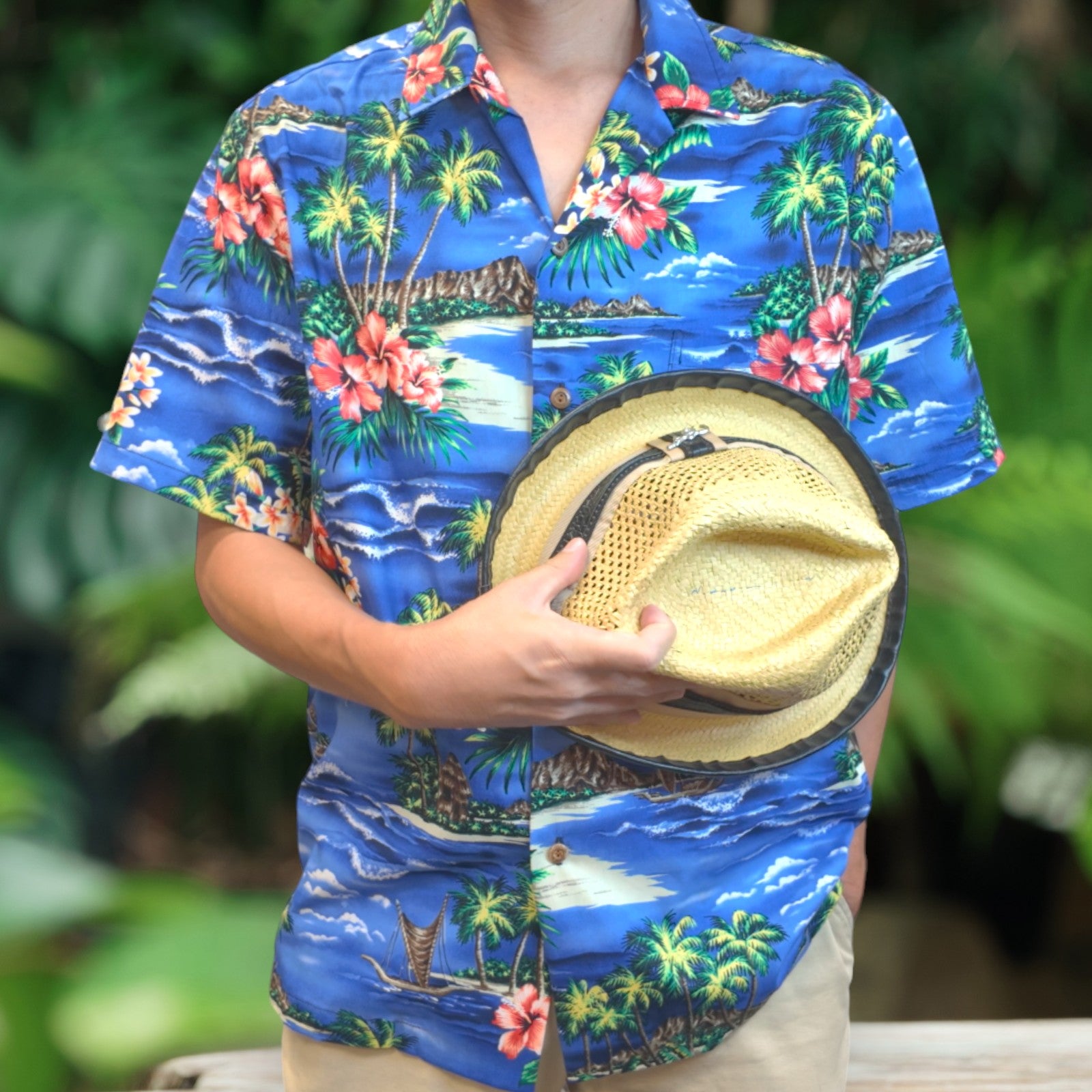 Blue Hawaiian Shirts matching Dog Shirts /  Hibiscus, Plumeria,  Palm Tree and Catamaran - 0