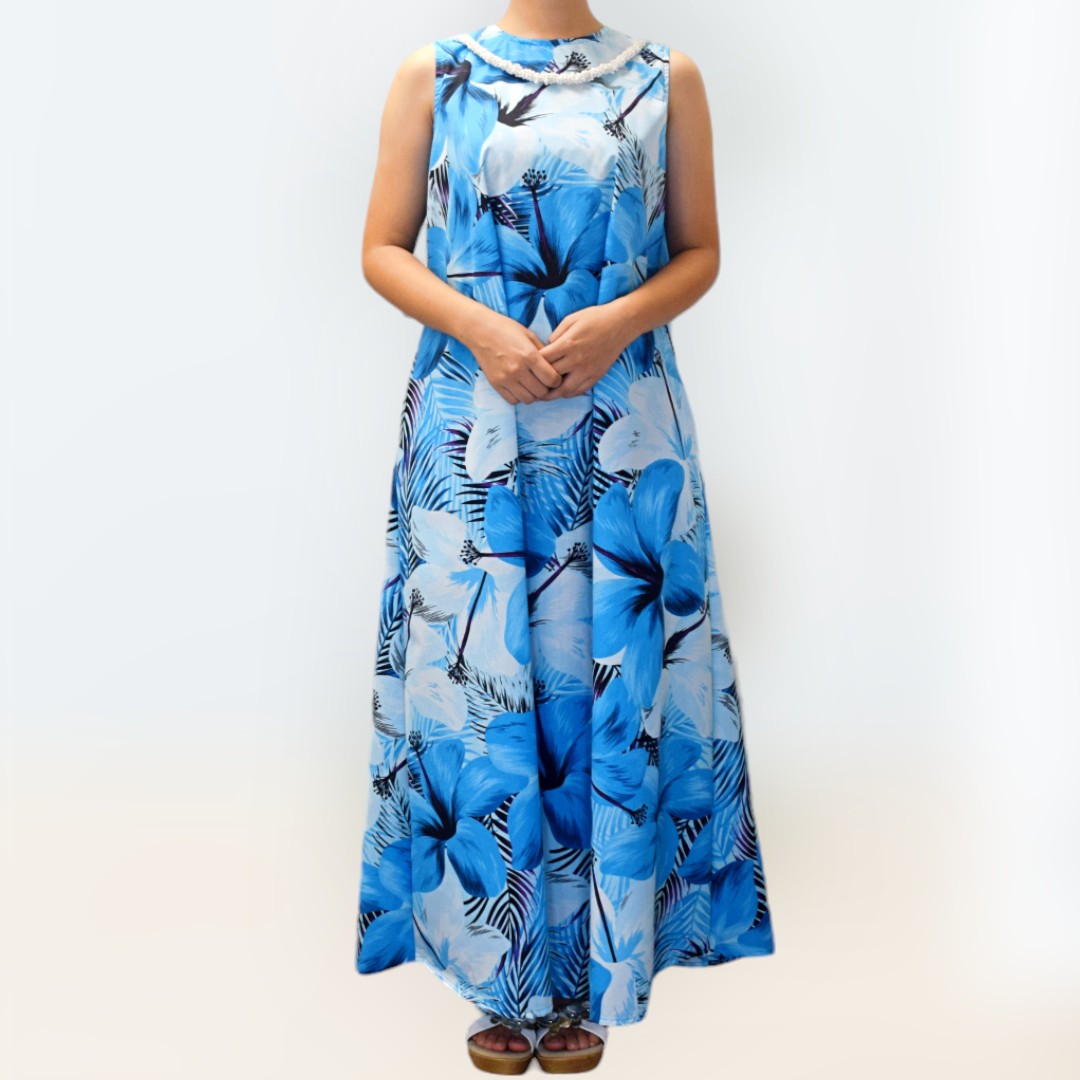 BlueHibiscusPrintComfortableLongResortDress