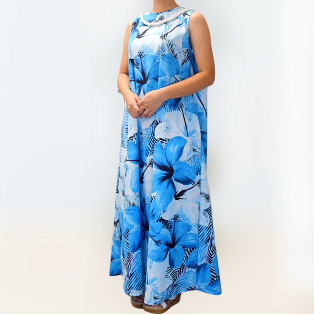 BlueHibiscusPrintComfortableLongResortDress