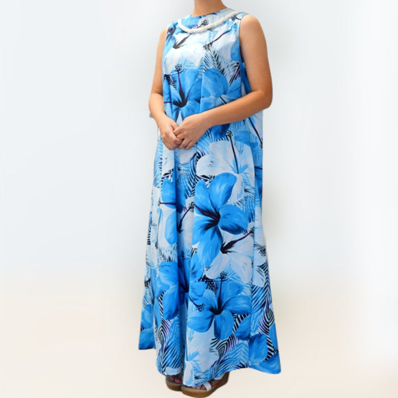 BlueHibiscusPrintComfortableLongResortDress