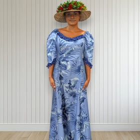 Blue Fan Palm Leaf Hawaiian Frill Dress