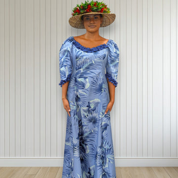 Blue Fan Palm Leaf Hawaiian Frill Dress
