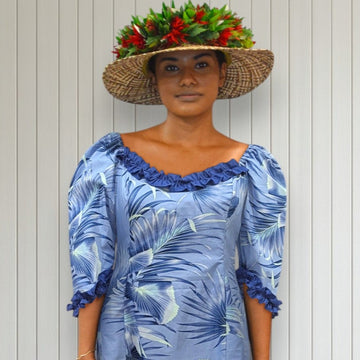 Blue Fan Palm Leaf Hawaiian Frill Dress