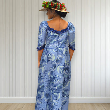 Blue Fan Palm Leaf Hawaiian Frill Dress