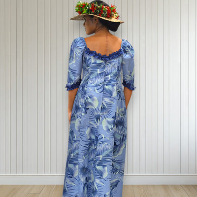 Blue Fan Palm Leaf Hawaiian Frill Dress