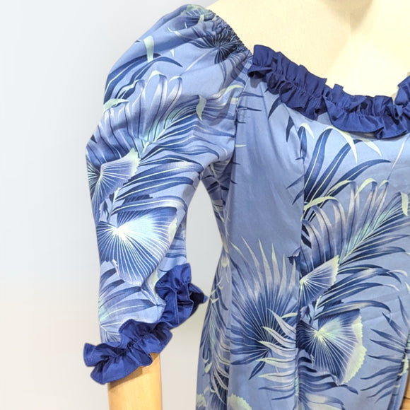 Blue Fan Palm Leaf Hawaiian Frill Dress