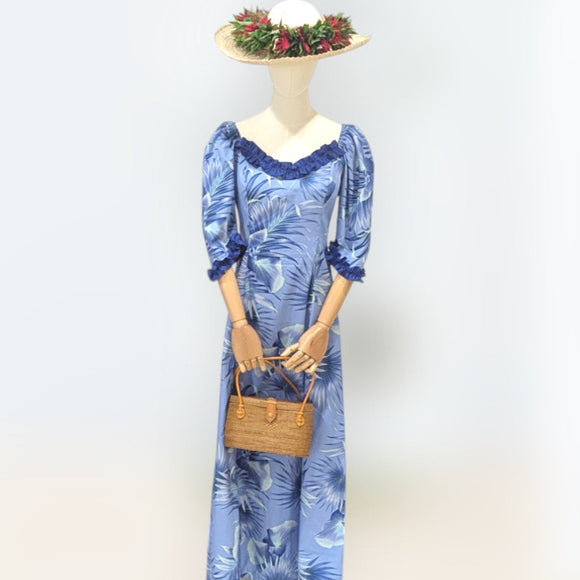 Blue Fan Palm Leaf Hawaiian Frill Dress