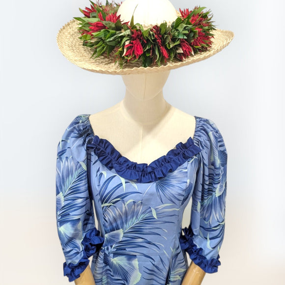 Blue Fan Palm Leaf Hawaiian Frill Dress