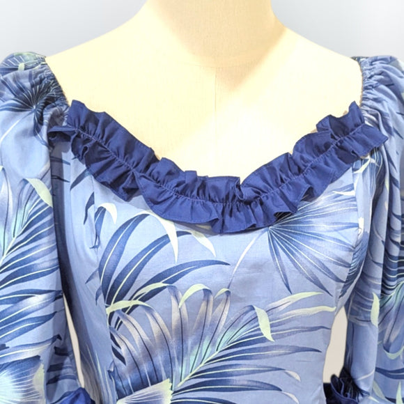 Blue Fan Palm Leaf Hawaiian Frill Dress