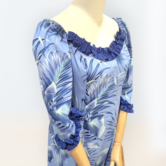 Blue Fan Palm Leaf Hawaiian Frill Dress