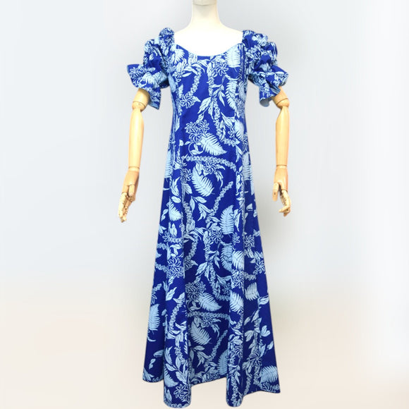 Blue Hawaiian Lei Leaf Long Flare Dress