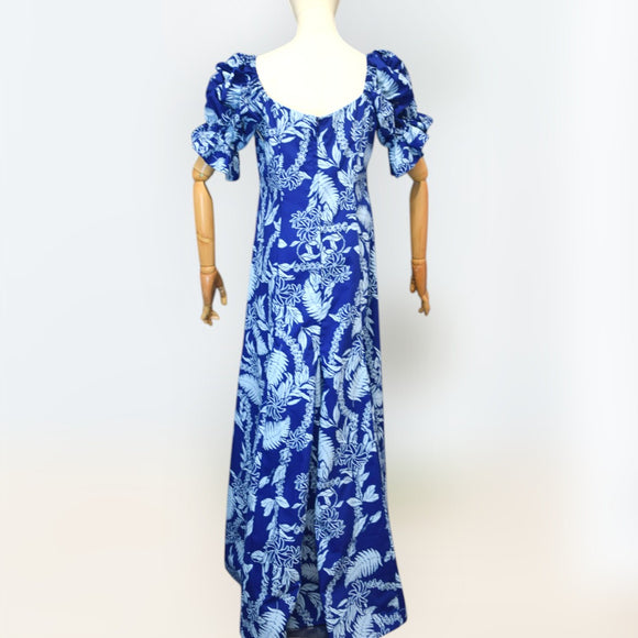 Blue Hawaiian Lei Leaf Long Flare Dress