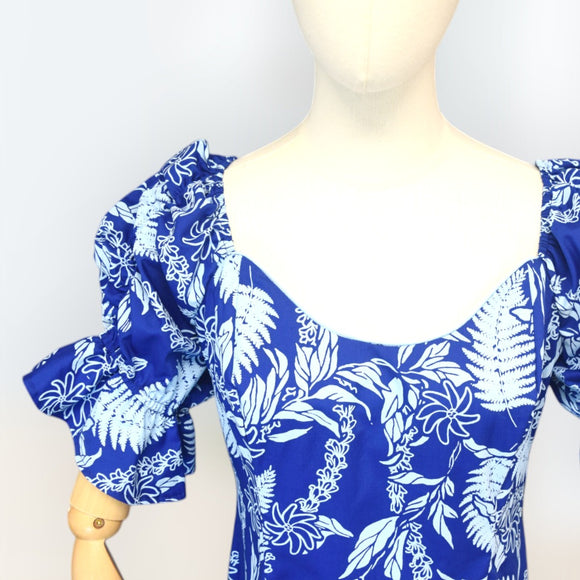 Blue Hawaiian Lei Leaf Long Flare Dress